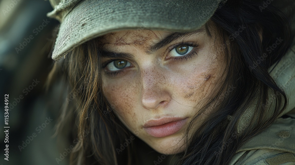 Person with intense eyes, wearing a cap, appears rugged with dirt on their face, conveying a determined expression Person with intense eyes, wearing a cap, appears rugged with dirt on their face, conveying a determined expression