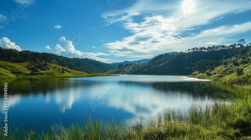 Water reservoir on a hiking trail, featuring beautiful scenery and nature, showcasing the tranquility of a water reservoir. The hiking trail complemented by the serene water reservoir experience.