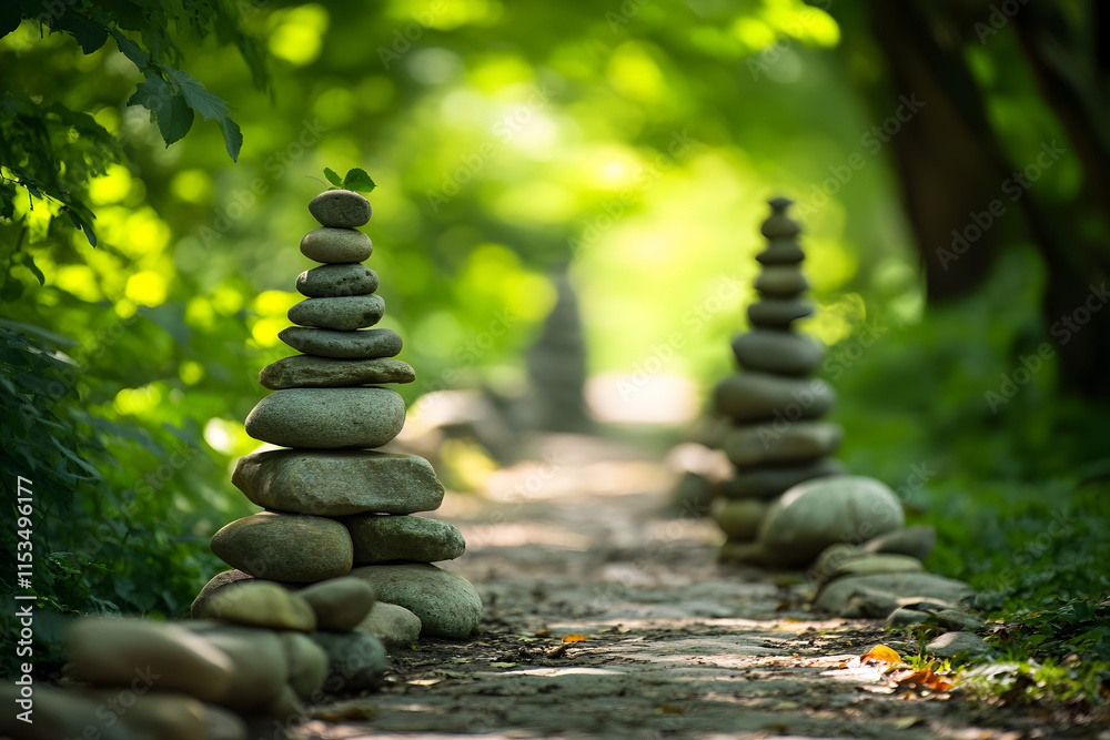Obraz premium Nature's Harmony: A Scenic Pathway with Symbolic Stone Cairn Amidst Verdant Trees