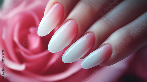 Close-up of a hand with long, almond-shaped nails, painted with a delicate ombre effect, from white to pink, with a pink rose in the background. Ombre. Illustration