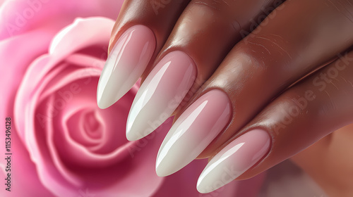 Close-up of a hand with long, almond-shaped nails, painted with a delicate ombre effect, from white to pink, with a pink rose in the background. Ombre. Illustration photo