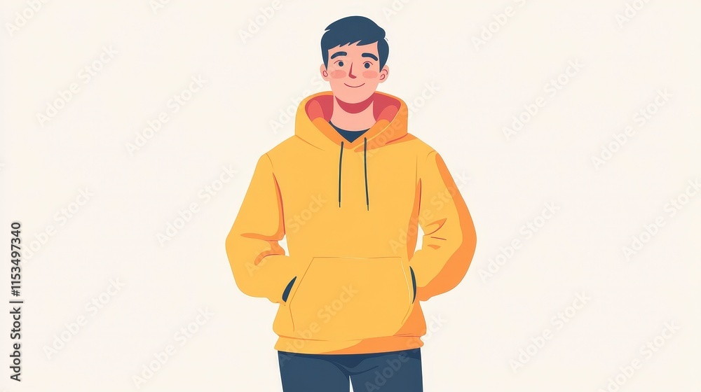 Young Man in Yellow Hoodie with Hands in Pockets and Smiling Young Man in Yellow Hoodie with Hands in Pockets and Smiling