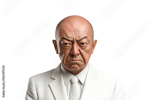 Serious man in white suit with bald head and intense expression, studio setting