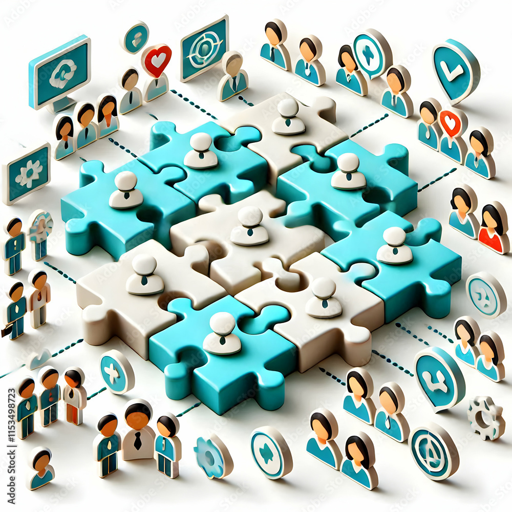 Interconnected 3D Puzzle Pieces with Diverse Team Icons for Collaboration and Teamwork Interconnected 3D Puzzle Pieces with Diverse Team Icons for Collaboration and Teamwork