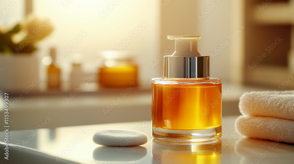 Amber Serum Bottle in a Sunlit Bathroom. Generative AI Amber Serum Bottle in a Sunlit Bathroom. Generative AI