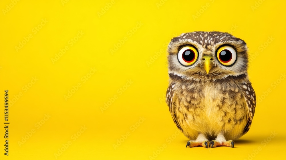 Obraz premium Cute owl with yellow background. The owl is looking at the camera with its eyes wide open