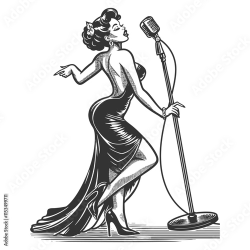 woman in a tight evening dress singer holding a microphone the classic style sketch engraving generative ai fictional character vector illustration. Scratch board imitation. Black and white image.