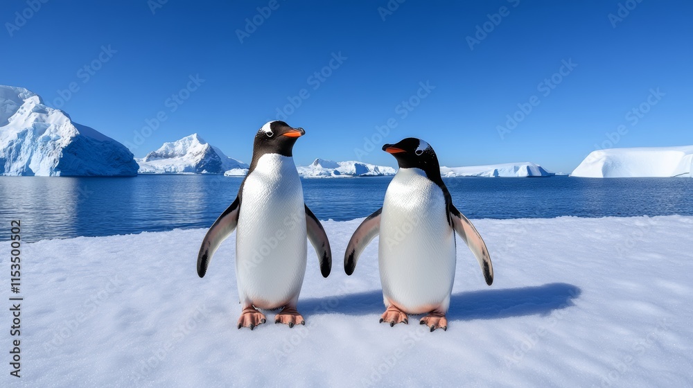 Obraz premium Two penguins are standing on a snowy beach, facing each other. The scene is calm and tranquil, with the water in the background creating a sense of depth