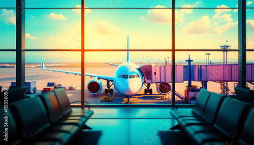 Airport Waiting Area, Airplane at Gate, Travel and Aviation, Plane Seen from Terminal, Airplane Parked at Jet Bridge photo