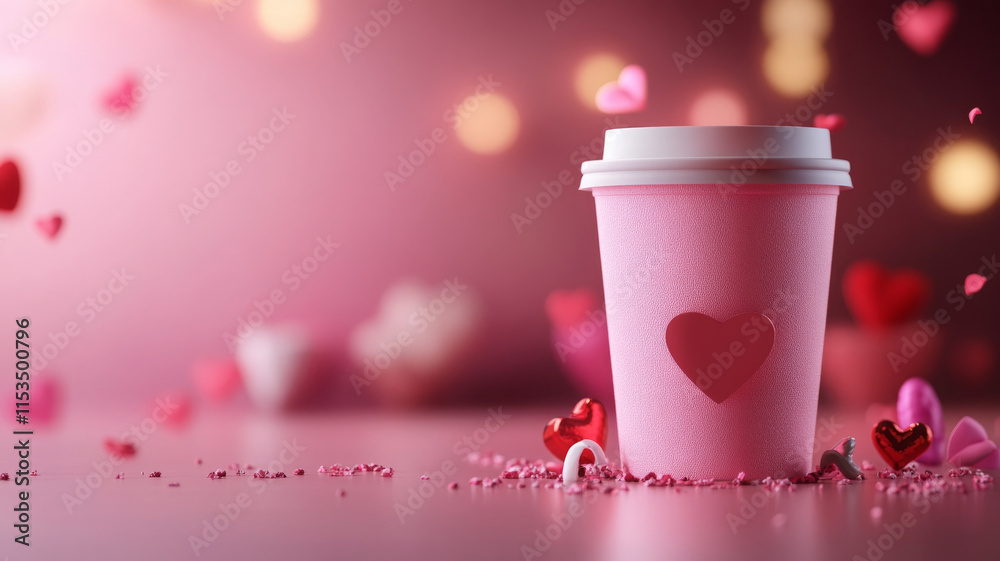 pink coffee cup with heart design surrounded by festive decorations pink coffee cup with heart design surrounded by festive decorations