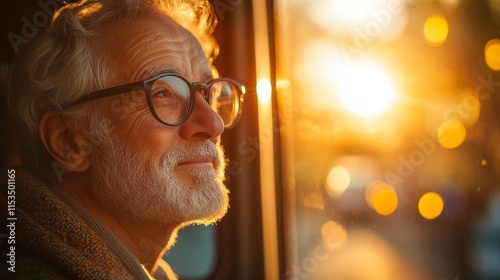 Older man with glasses and a beard gazes out a window, warmly illuminated by the setting sun's glow