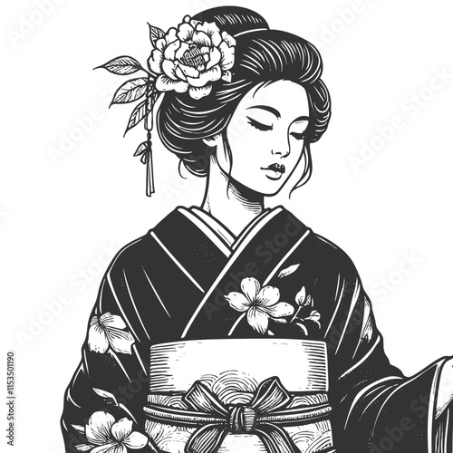 geisha in a floral-patterned kimono, asian woman sketch engraving generative ai fictional character vector illustration. Scratch board imitation. Black and white image.