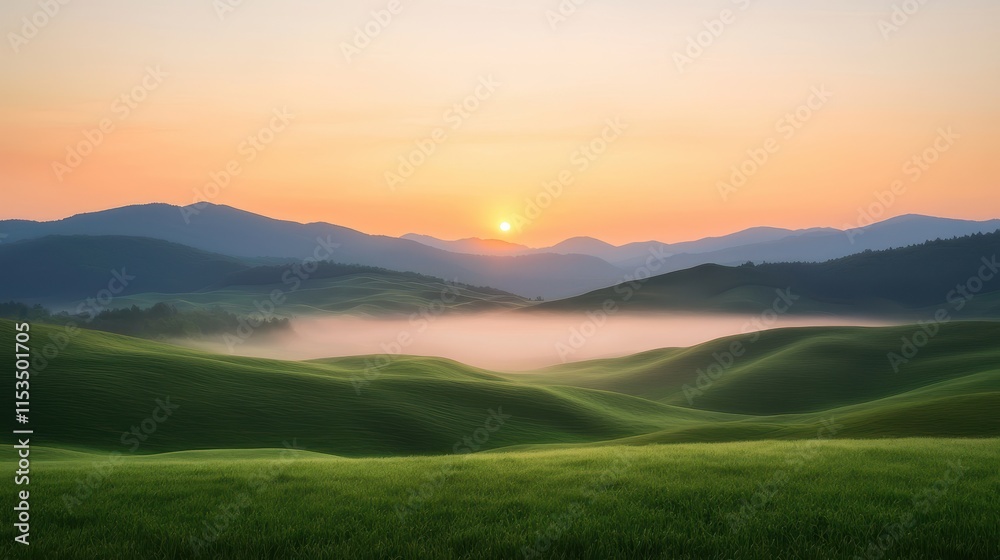 Fototapeta premium Serene Sunrise Over Rolling Green Hills Landscape