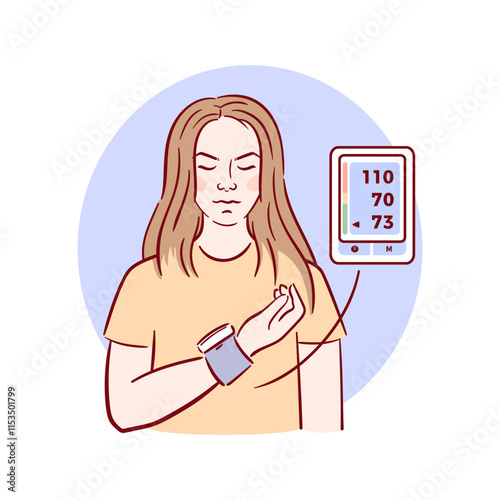 A young woman measures her blood pressure with a tonometer on her wrist. Vector illustration in sketchy style.