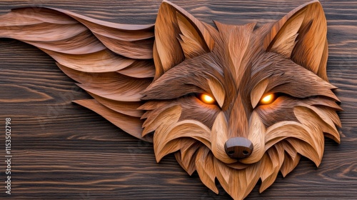 Wooden carving of a wolf with glowing eyes and detailed fur photo