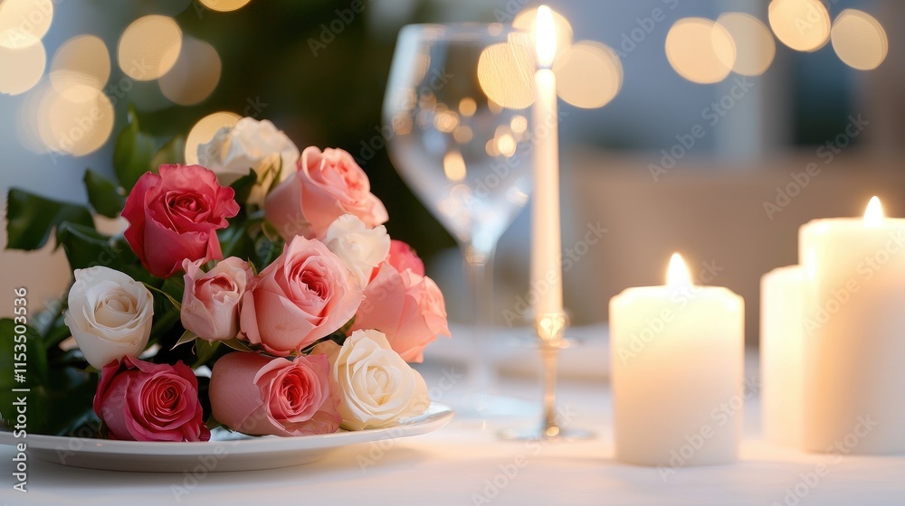 Romantic Table Setting with Roses and Candles Romantic Table Setting with Roses and Candles