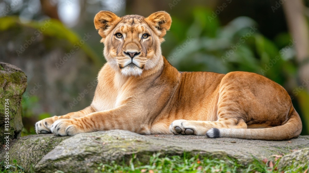Fototapeta premium Young Lioness Resting On A Rock In Lush Green Surroundings