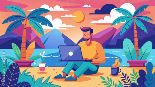 Remote worker on laptop in tropical location, digital nomad working on vacation, freelancer blending work and travel, beachside productivity, online business professional outdoors.