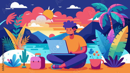 Remote worker on laptop in tropical location, digital nomad working on vacation, freelancer blending work and travel, beachside productivity, online business professional outdoors.