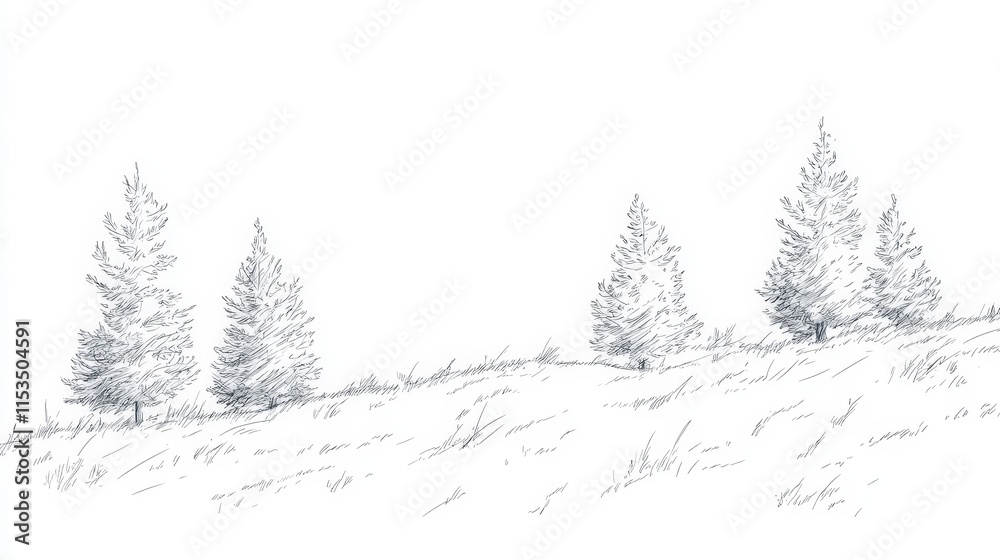 Softly Sketched Pine Trees on Minimalist Hillside Landscape