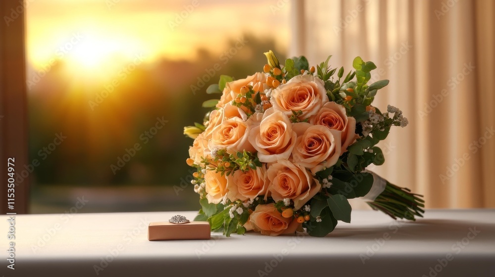 Obraz premium Elegant Wedding Bouquet with Romantic Sunset Background. Generative AI