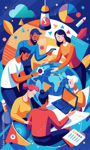 Equipo diverso trabajando juntos en un proyecto global utilizando herramientas digitales