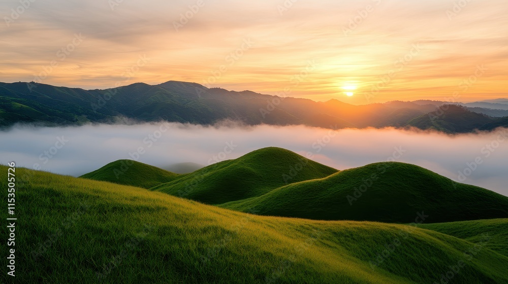 Naklejka premium Serene Sunset Over Rolling Green Hills and Misty Valleys