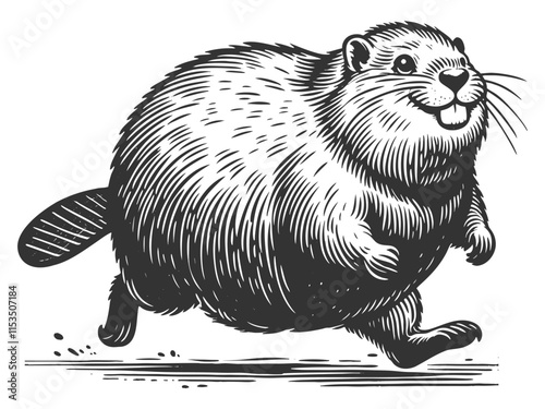 beaver walking in a lively, cheerful manner, featuring a detailed tail and cartoonish style sketch engraving generative ai vector illustration. Scratch board imitation. Black and white image.