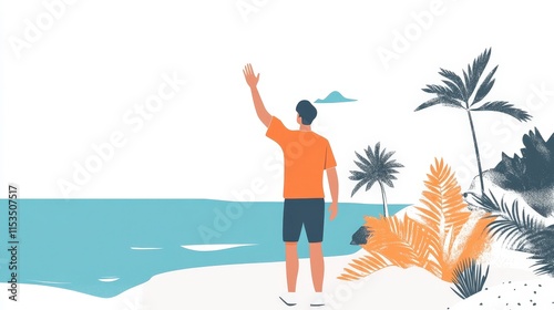 Man Waving Goodbye at Tropical Beach with Palm Trees and Ocean View