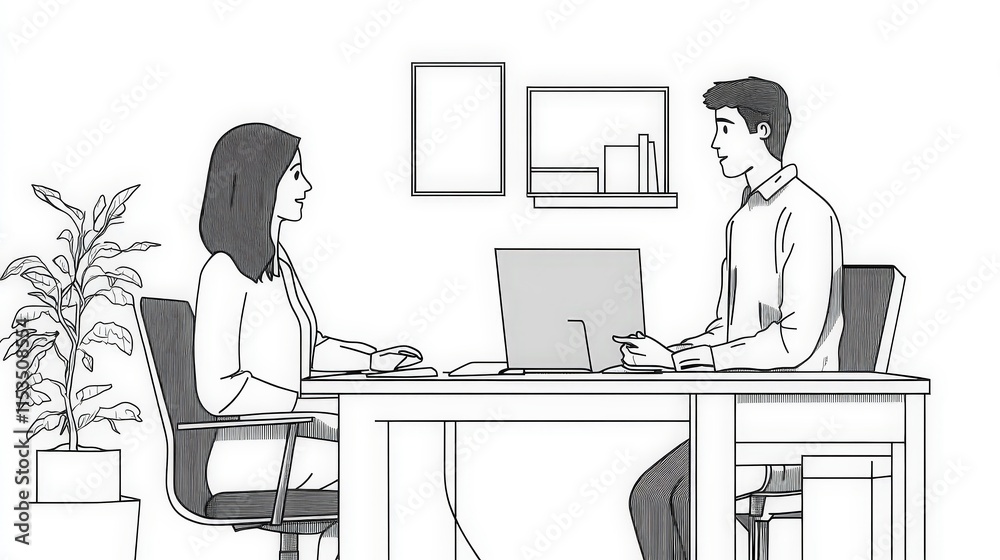 Two Professionals Engaging in a Business Meeting at a Desk Two Professionals Engaging in a Business Meeting at a Desk