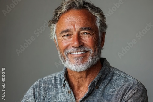 closeup portrait of a distinguished older man with a warm smile clean teeth stylish hair and a strong jawline isolated on a white background radiating confidence for a dental ad