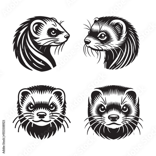 "4 Set of Black Ferret Face Silhouettes Isolated on White Background"