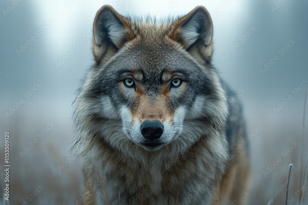 Mysterious wolf in thick fog captures attention in serene, wooded landscape Mysterious wolf in thick fog captures attention in serene, wooded landscape