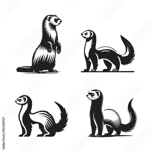 4 Set of Black Stylized Ferret Silhouettes in Various Poses Isolated on White Background"