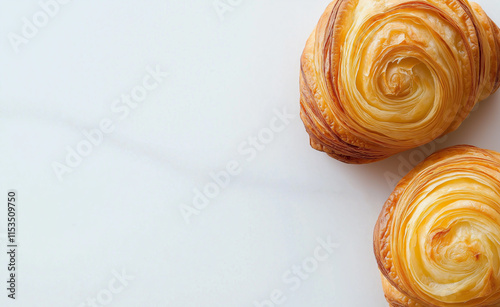 Two golden, flaky pastries with a swirled texture placed on a clean white marble surface. photo