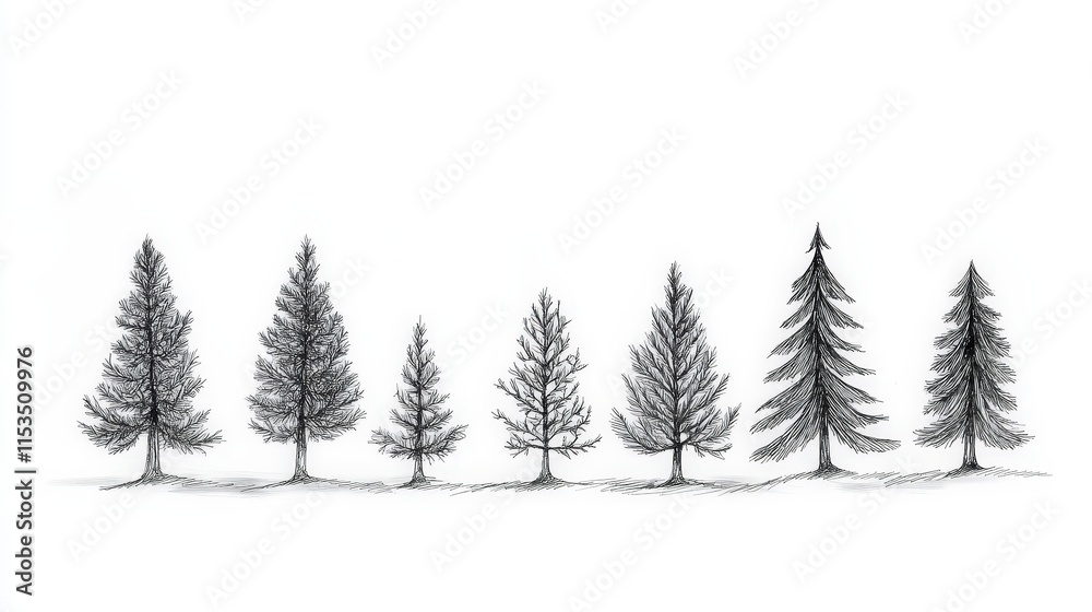Obraz premium Hand-Drawn Illustrations of Various Tree Species in a Row