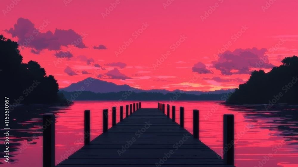 Fototapeta premium Serene Sunset Over Water with Pier and Mountains