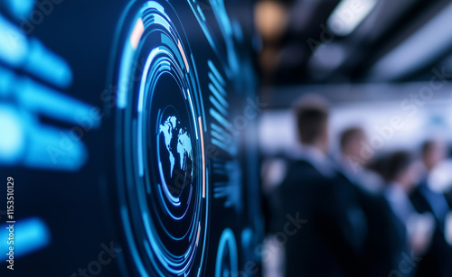 A conference audience seated in a dark auditorium viewing a large screen displaying data and futuristic graphics. photo