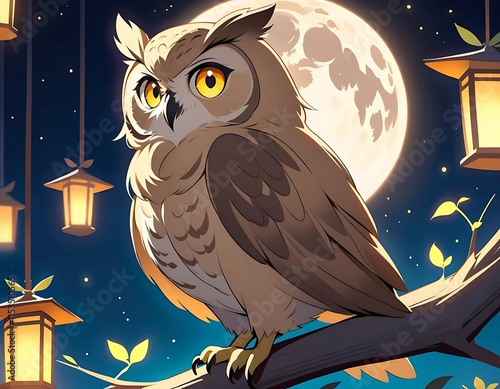 Majestic Owl Perched on Branch Under Night Sky photo