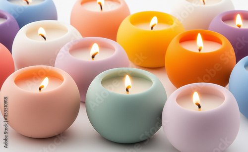 A collection of glowing candles in colorful frosted glass holders creating a warm, tranquil, and vibrant atmosphere.
 photo