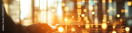 close-up of user analyzing glowing financial graph on desktop screen with blurred icons behind