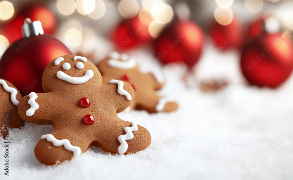 Festive gingerbread cookies with smiling faces surrounded by red ornaments, pine branches, and pinecones on a wooden table.