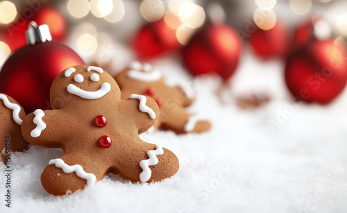 Festive gingerbread cookies with smiling faces surrounded by red ornaments, pine branches, and pinecones on a wooden table. photo