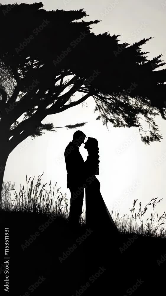 Couple shares an intimate kiss under a tree silhouette at sunset in a romantic outdoor setting Couple shares an intimate kiss under a tree silhouette at sunset in a romantic outdoor setting
