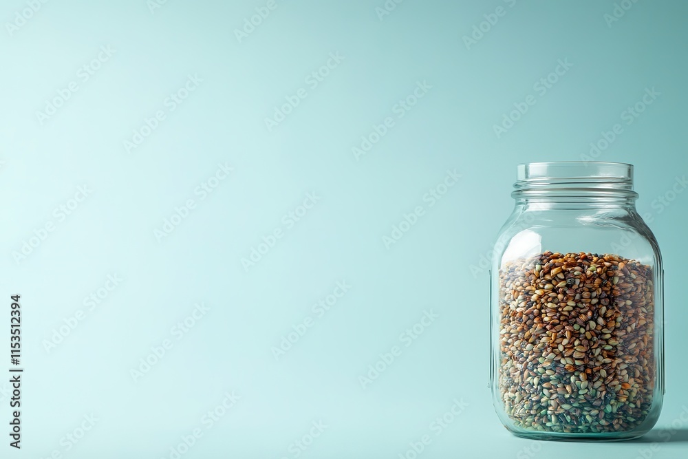 glass jar filled with gardening seeds positioned slightly to right with ample copy space on left glass jar filled with gardening seeds positioned slightly to right with ample copy space on left