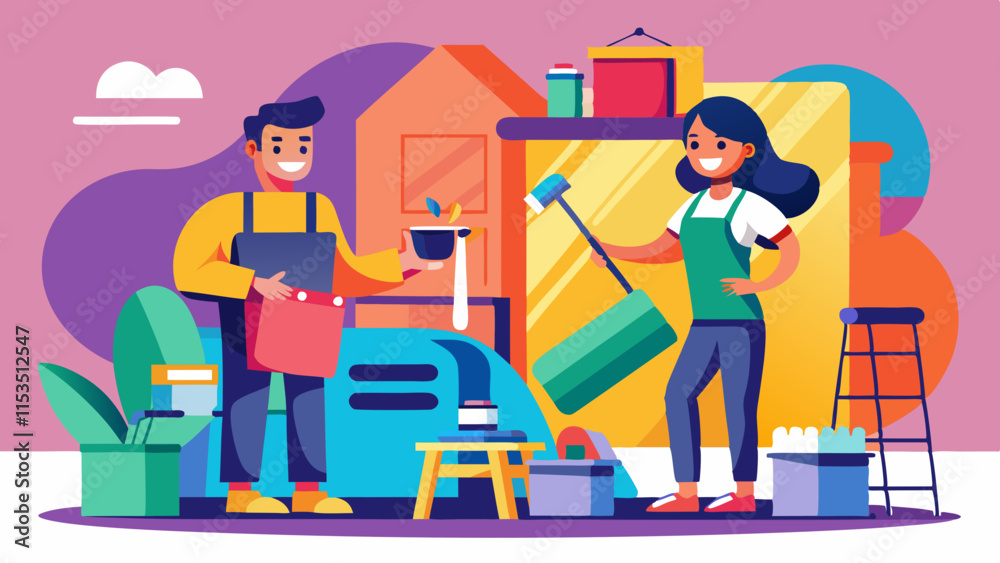 Couple working together on home renovation, painting walls and assembling furniture Couple working together on home renovation, painting walls and assembling furniture
