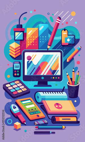 Digital art studio setup with drawing tablets, stylus pens, and creative art supplies.