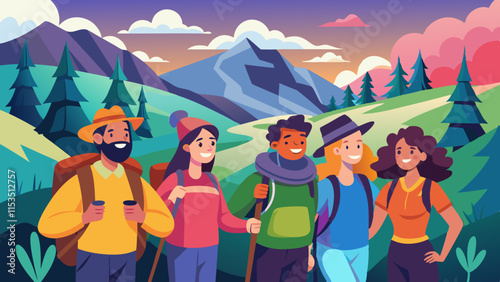 Diverse group of friends from different backgrounds hiking on mountain trail, enjoying nature adventure together.