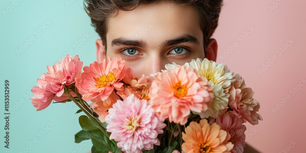 Serene Young Man with Gentle Expression Cradling Colorful Flowers Against Soft Pastel Background Serene Young Man with Gentle Expression Cradling Colorful Flowers Against Soft Pastel Background
