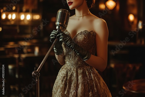 jazz singer in elegant vintage gown and gloves standing by classic microphone in dimly lit lounge